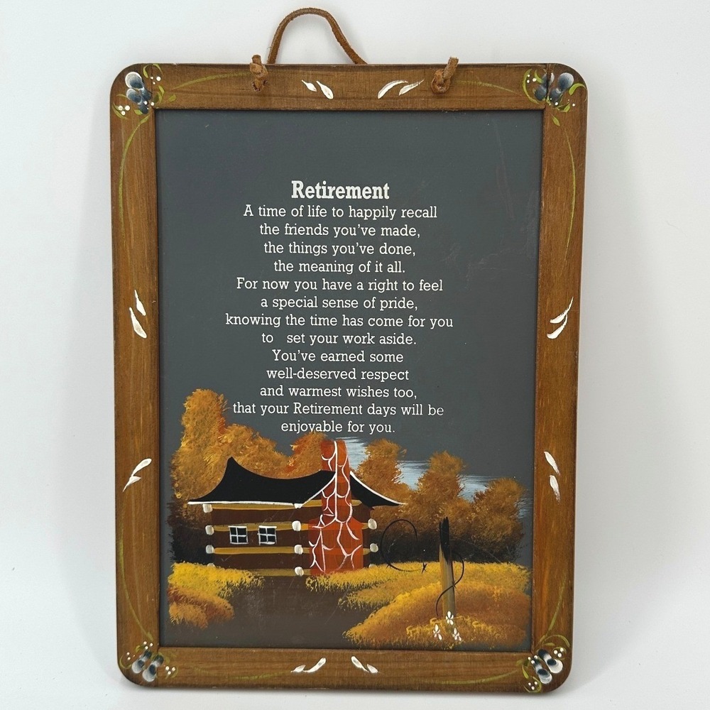 Vintage Hand-Painted "Retirement" Wall Plaque Log Cabin Scene Rustic‎ Decor